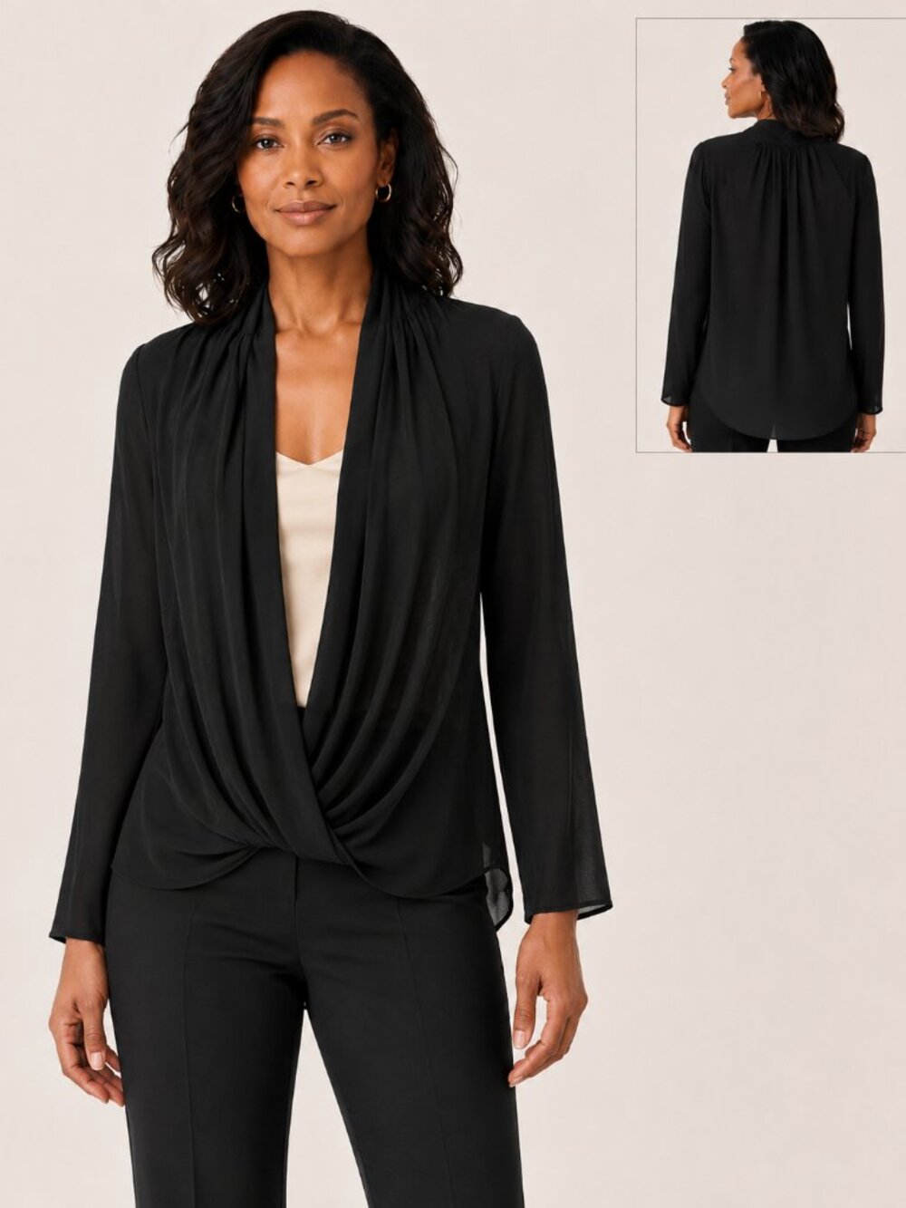 Marciano Black Draped Plunge Neck High-Low Blouse Size Small